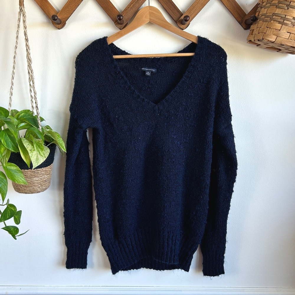 American Eagle Outfitters Navy Blue V-Neck Textured Knit Wool Blend Sweater L